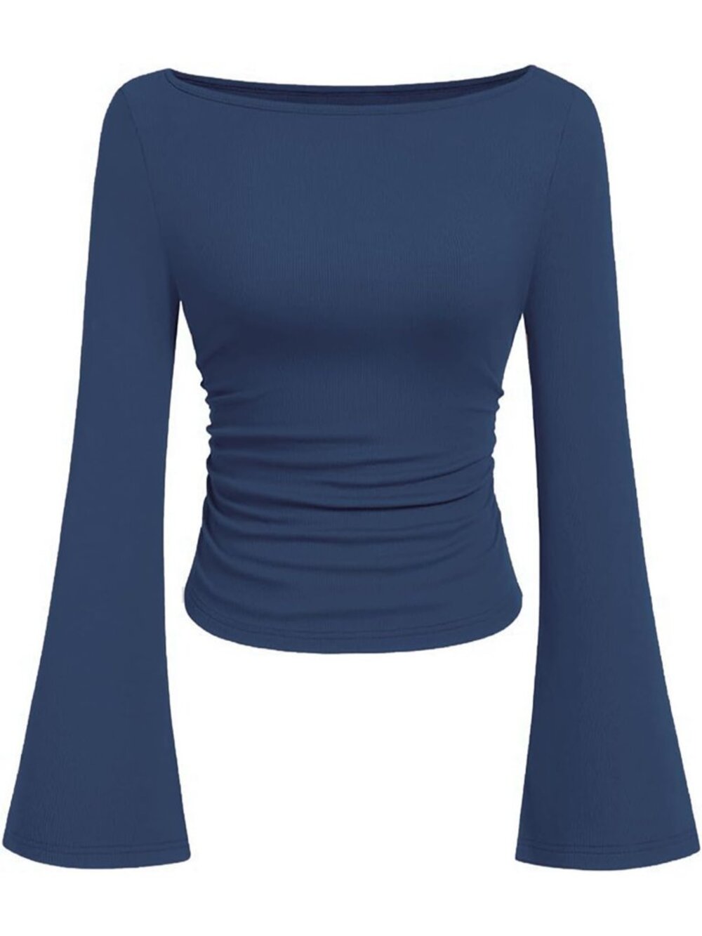 Women's Deep Teal Boat Neck Ribbed Knit Long Sleeve Shirts Bell Sleeve Cute Top